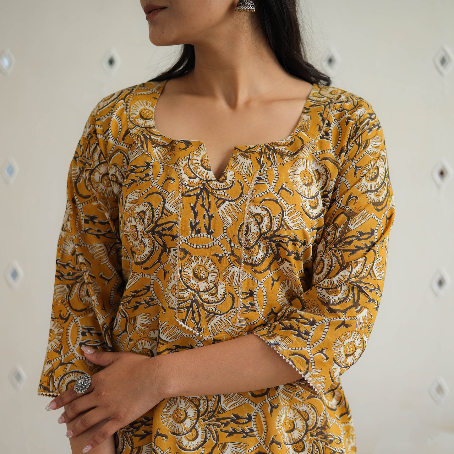 Yellow Block Printed Cotton Gota Work Long Bagru Kurta