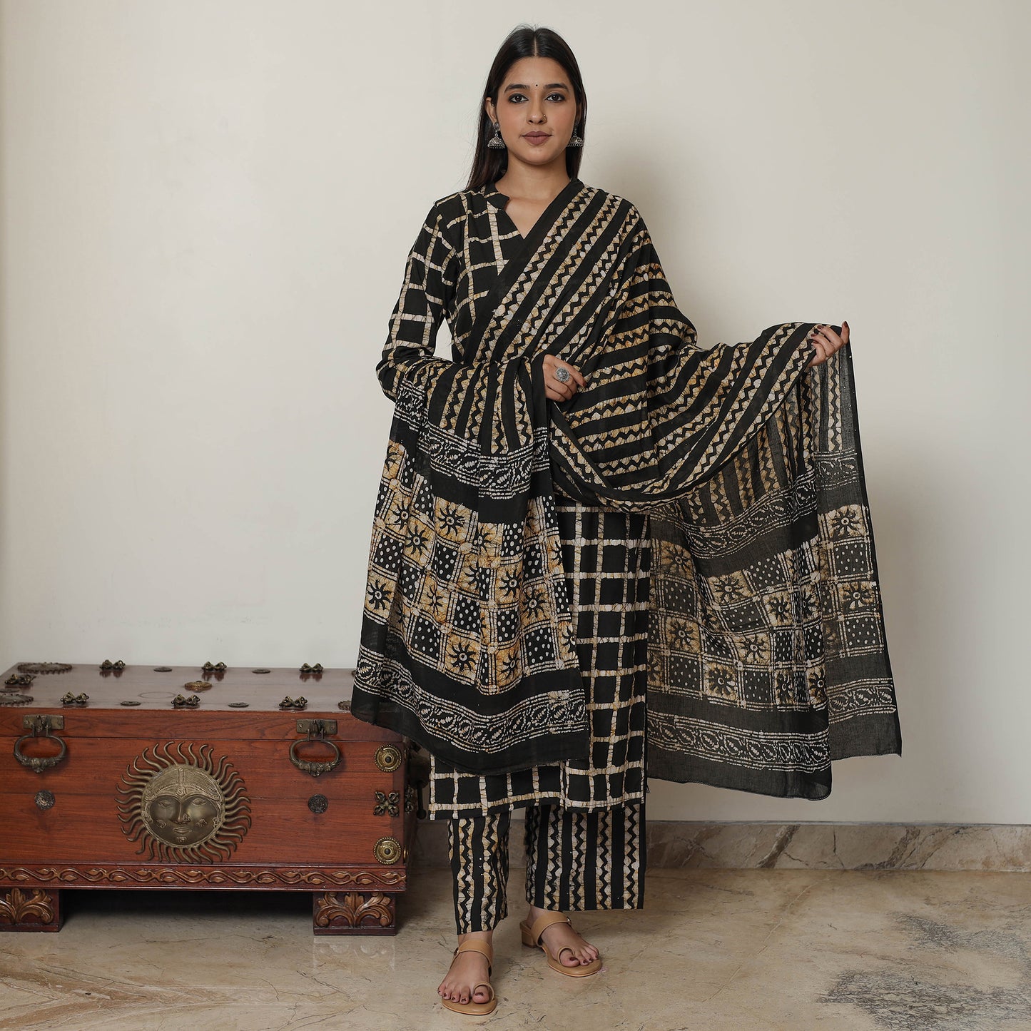 Black - Hand Batik Printed Cotton Kurta with Palazzo & Dupatta Set 11
