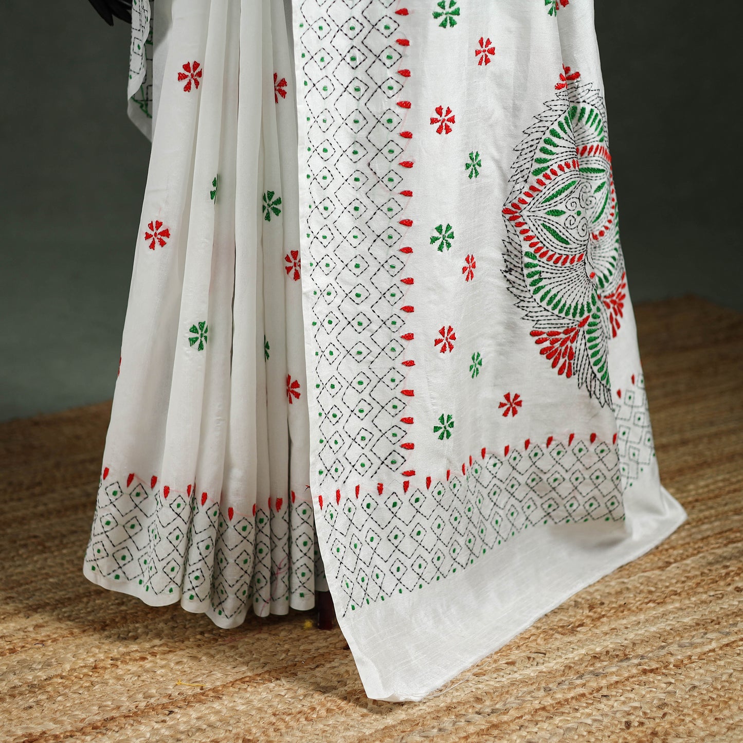 White - Bengal Nakshi Kantha Hand Embroidered Silk Saree 30