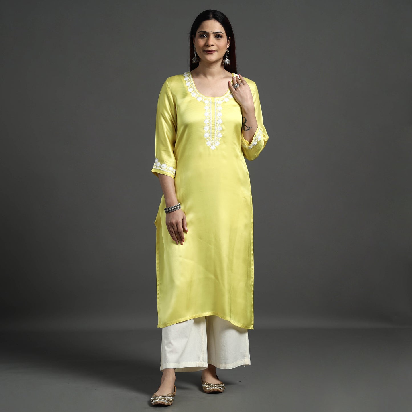 Buy Navy Blue Modal Silk Hand Embroidered Long Kurta l iTokri.com