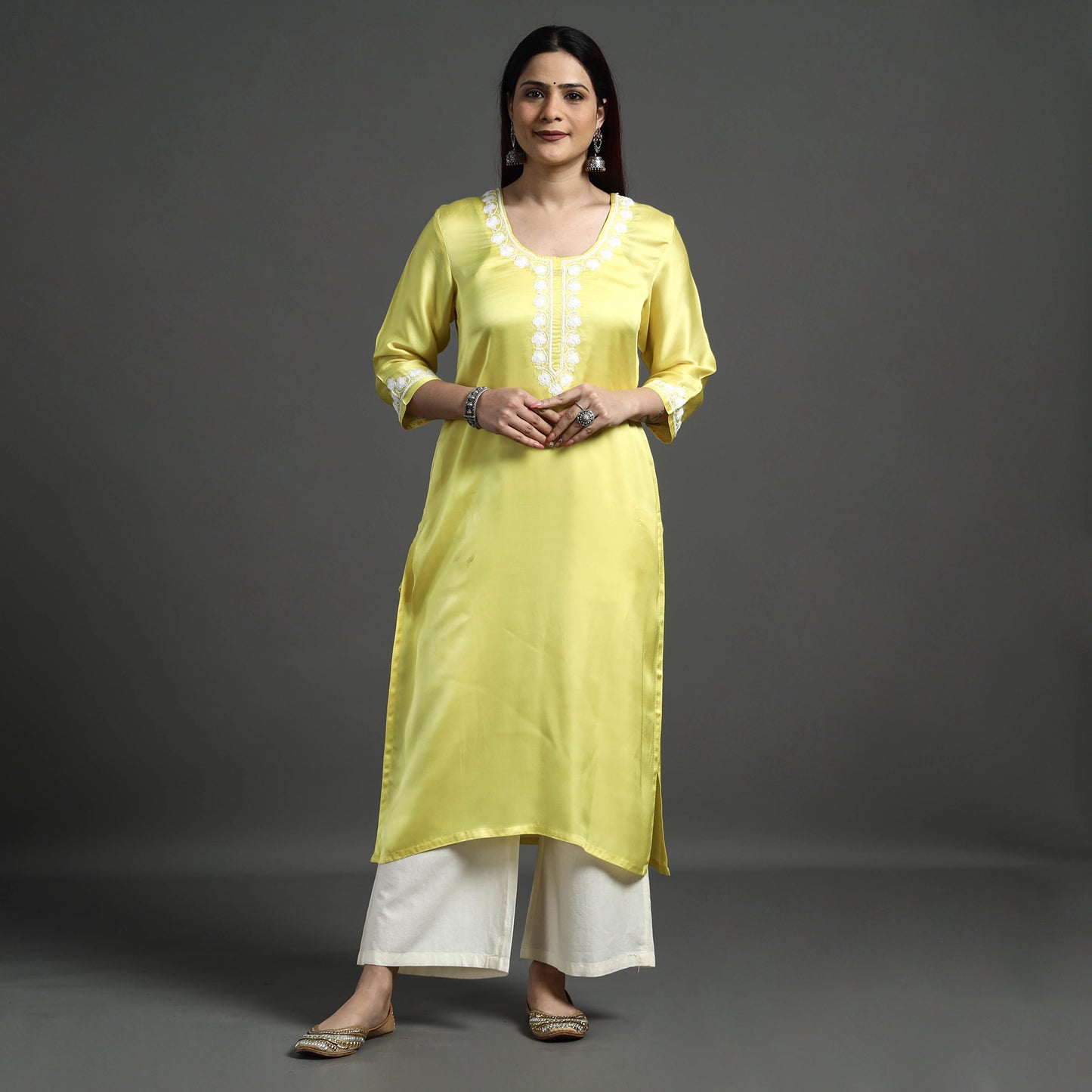 Buy Navy Blue Modal Silk Hand Embroidered Long Kurta l iTokri.com