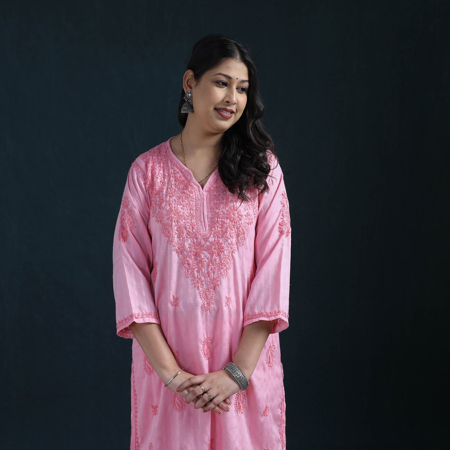Pink - Hand Embroidered Rayon Cotton Chikankari Kurta with Pant Set for Women 19