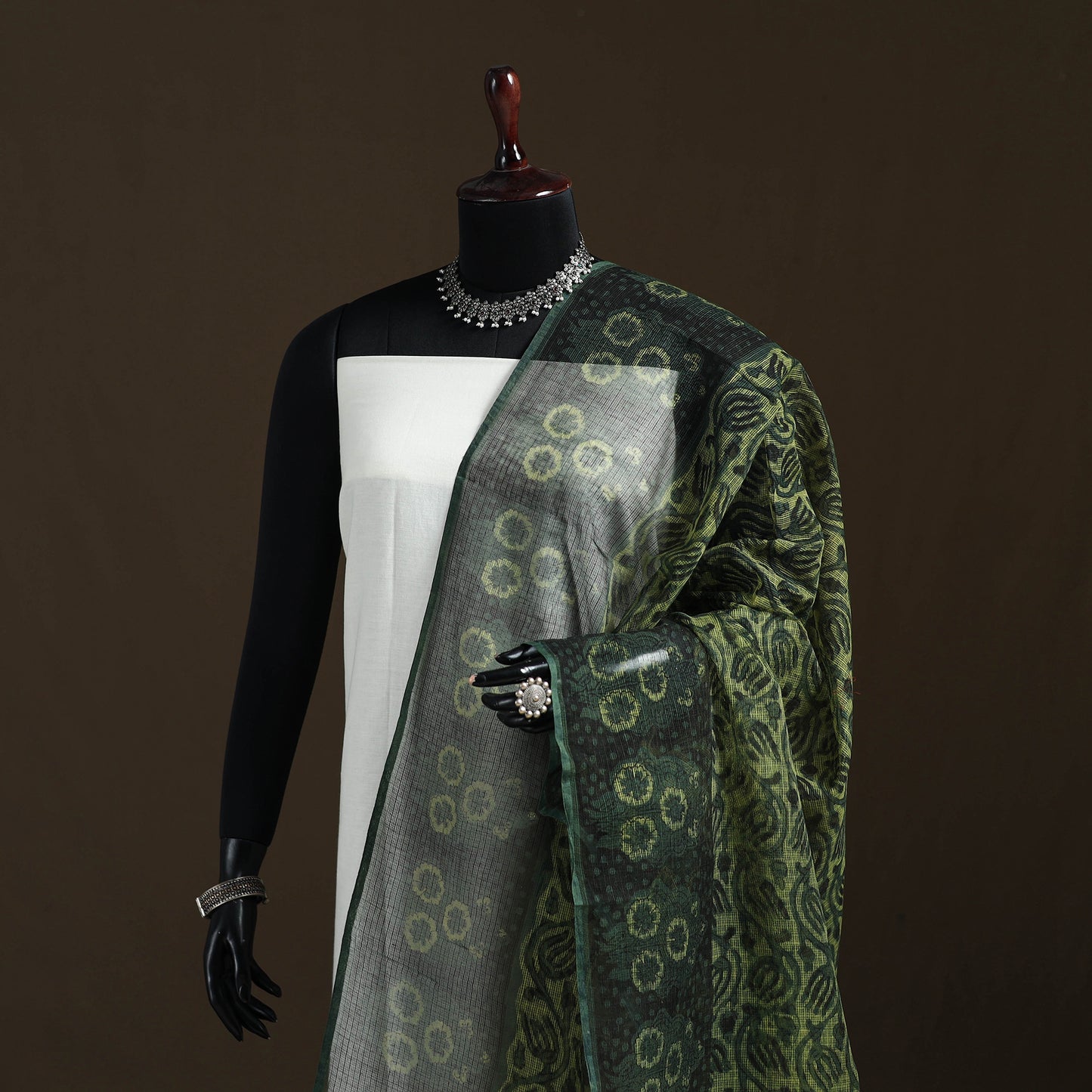 Green - Ajrakh Vanaspati Hand Block Print Natural Dyed Kota Doria Cotton Dupatta 18