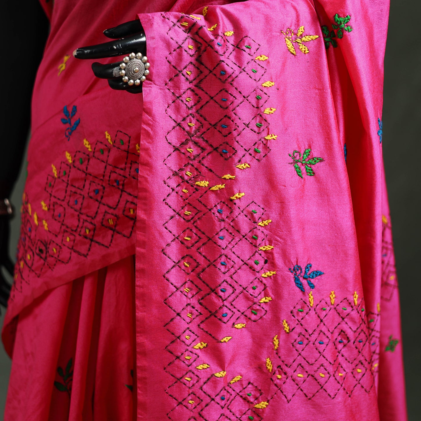 Pink - Bengal Nakshi Kantha Hand Embroidered Silk Saree 31