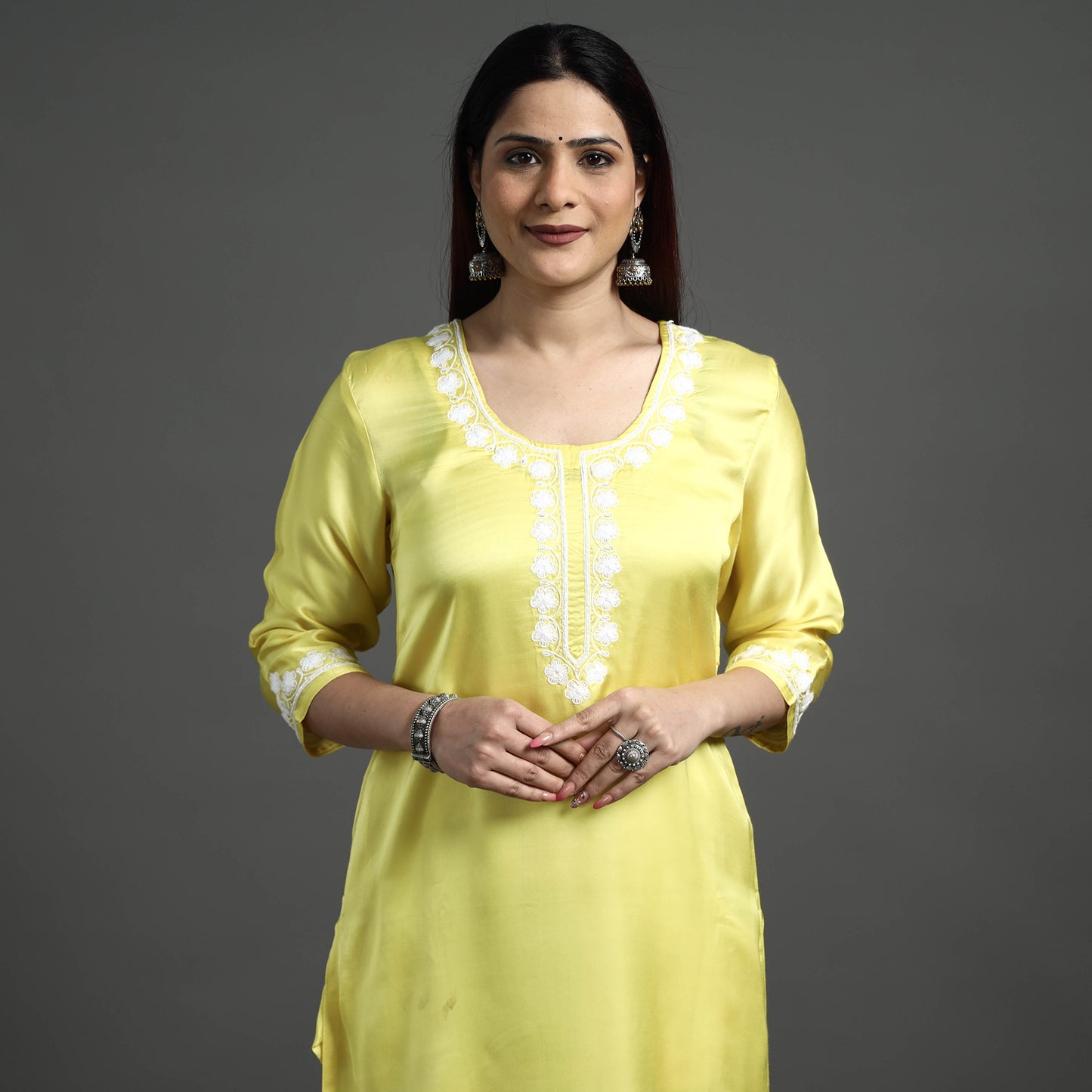 Buy Navy Blue Modal Silk Hand Embroidered Long Kurta l iTokri.com