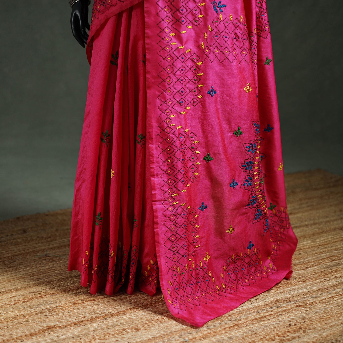 Pink - Bengal Nakshi Kantha Hand Embroidered Silk Saree 31