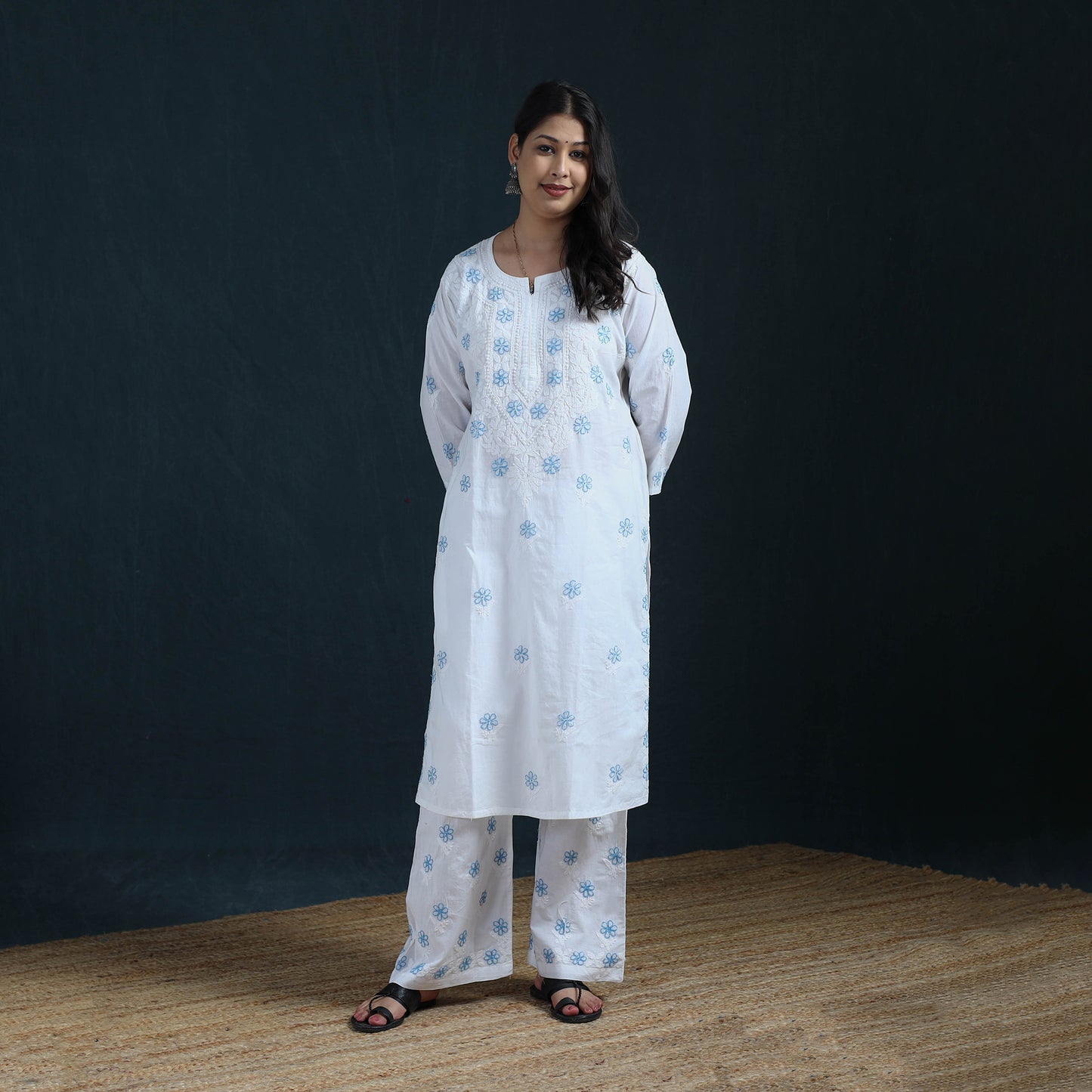 White - Hand Embroidered Mul Cotton Chikankari Kurta with Palazzo Set for Women 37