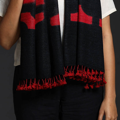 Black - Kutch Handwoven Clamp Dyed Shibori Silk x Wool Stole with Tassels