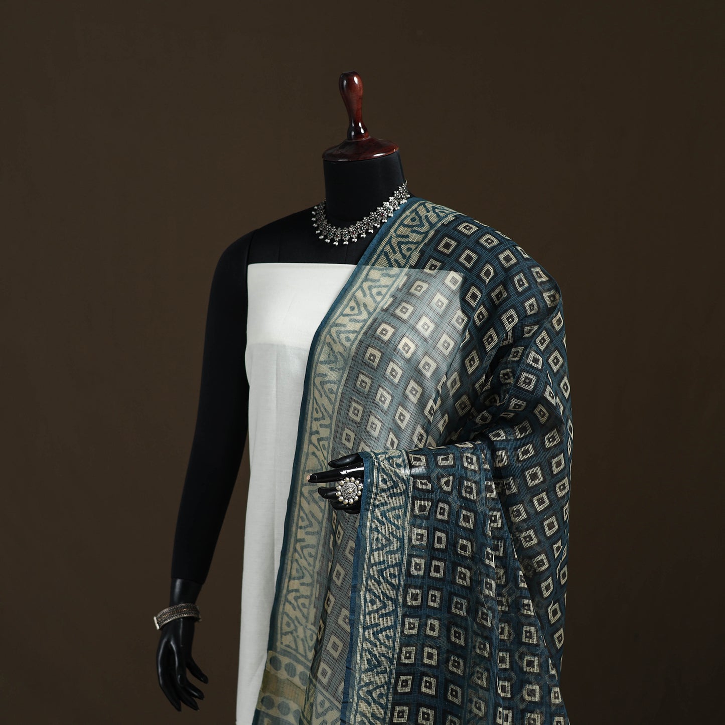 Grey - Gray - Ajrakh Vanaspati Hand Block Print Natural Dyed Kota Doria Cotton Dupatta 20
