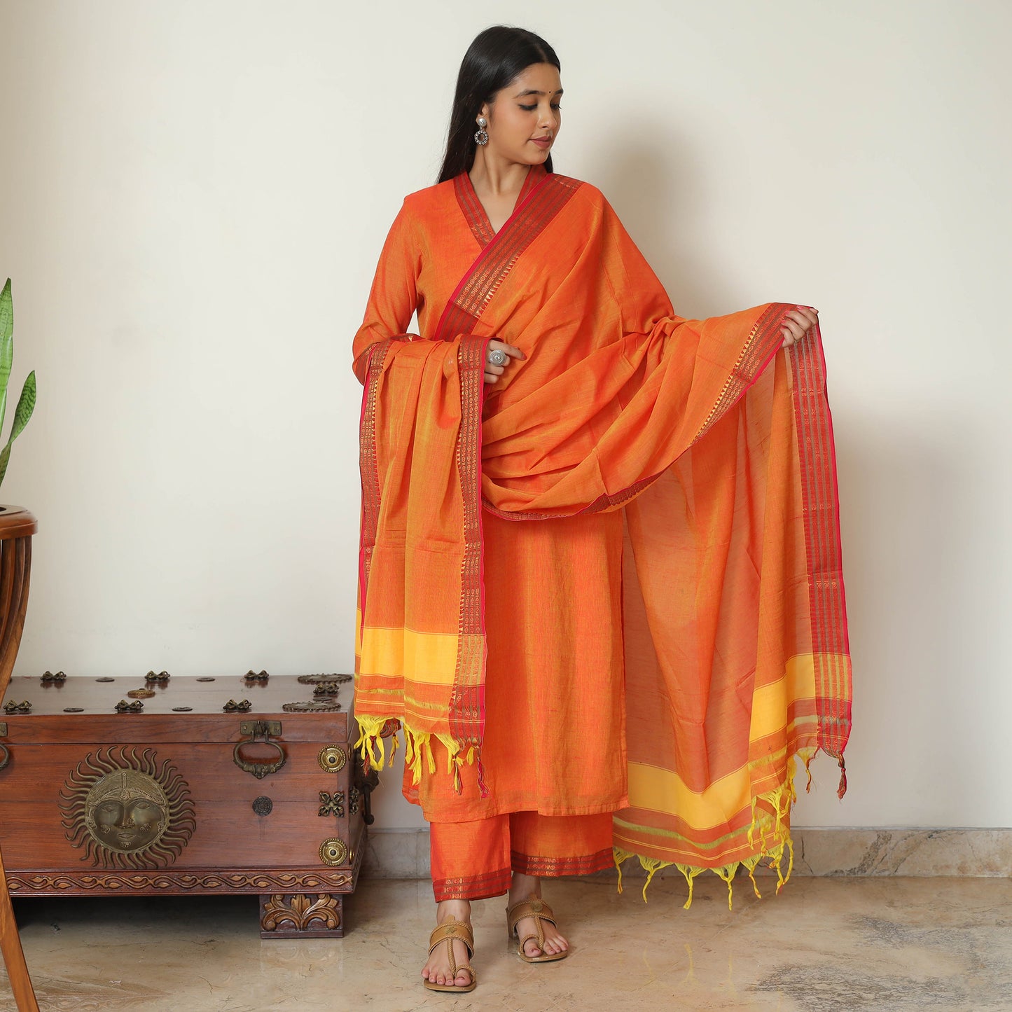 Orange - Dharwad Cotton Kurta with Palazzo & Dupatta Set 03