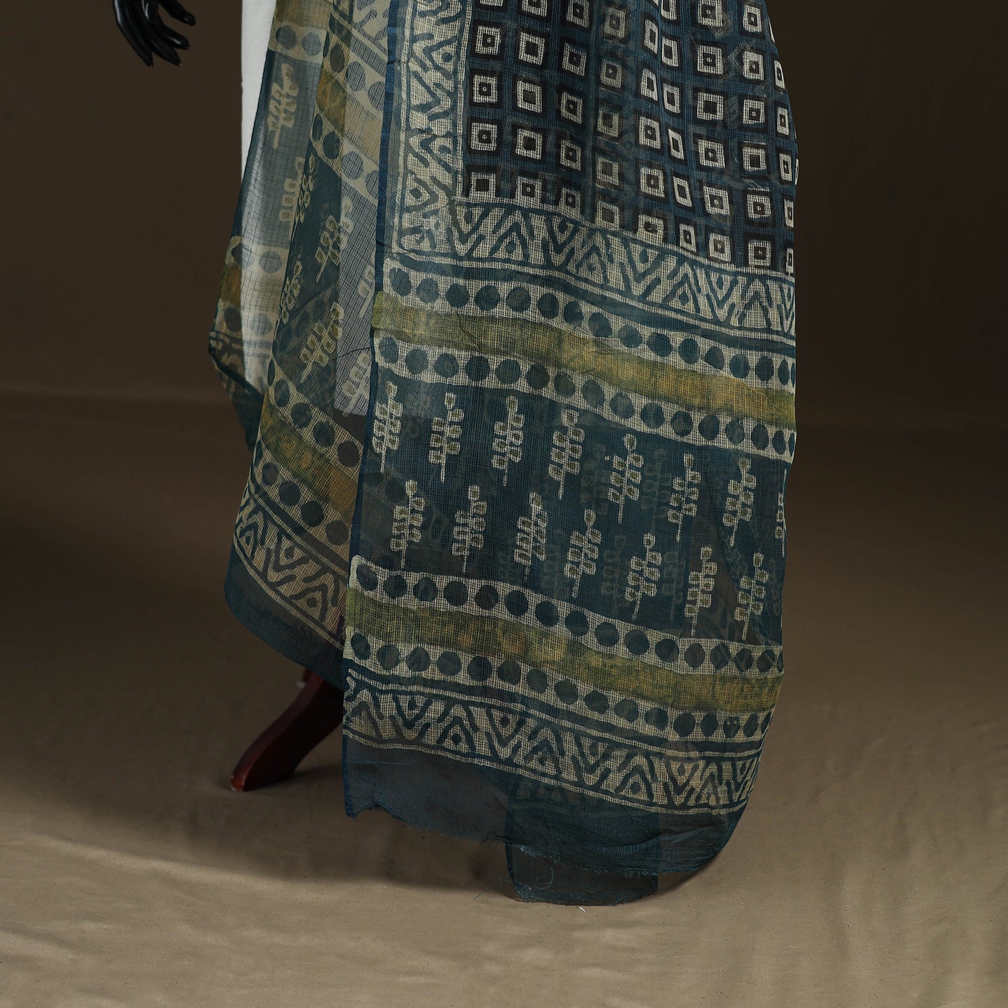 Grey - Gray - Ajrakh Vanaspati Hand Block Print Natural Dyed Kota Doria Cotton Dupatta 20
