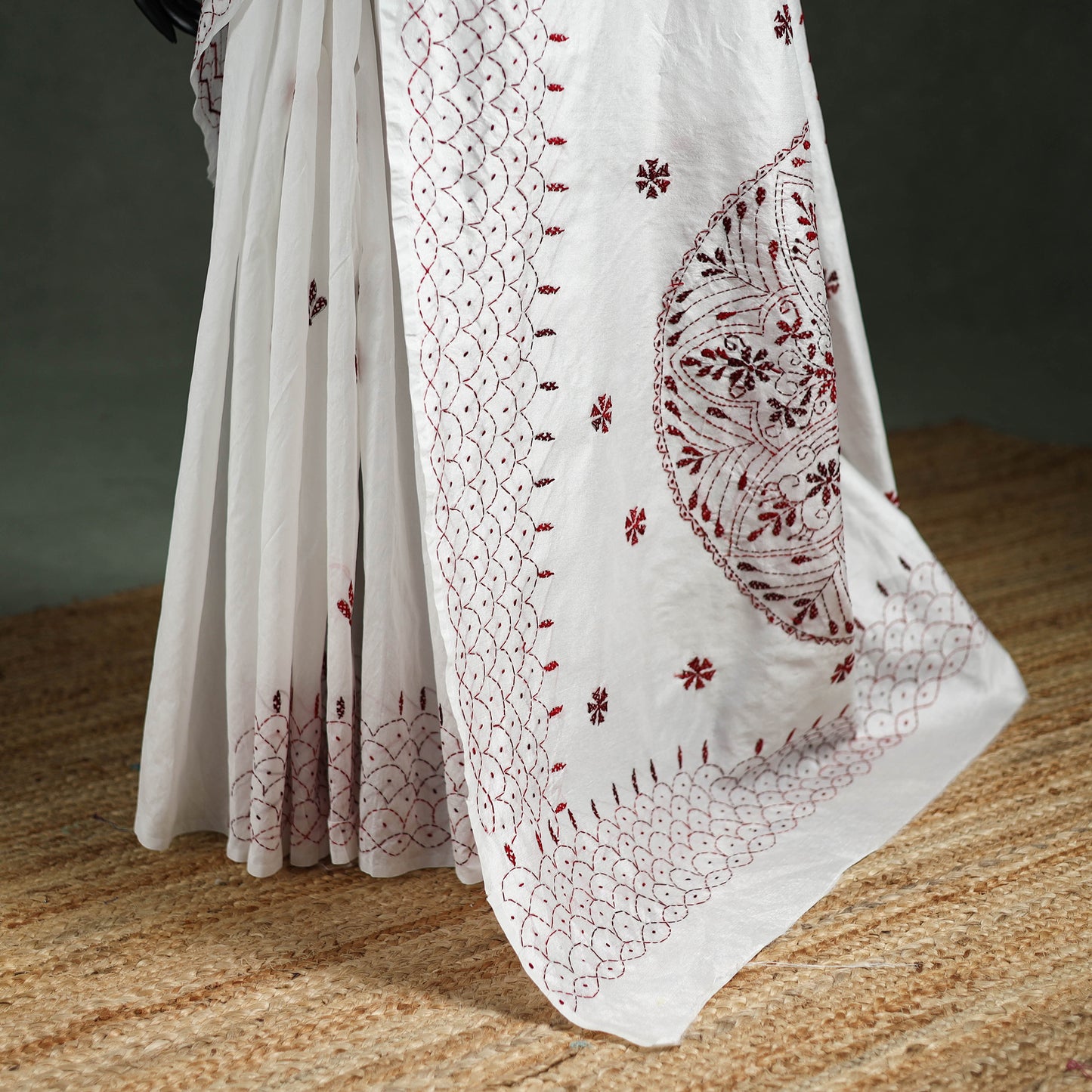 White - Bengal Nakshi Kantha Hand Embroidered Silk Saree 33