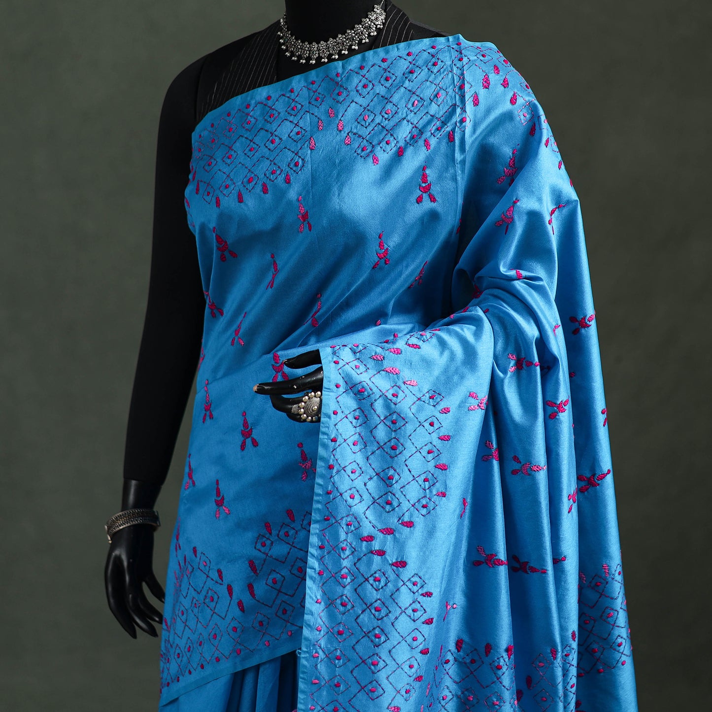 Blue - Bengal Nakshi Kantha Hand Embroidered Silk Saree 34