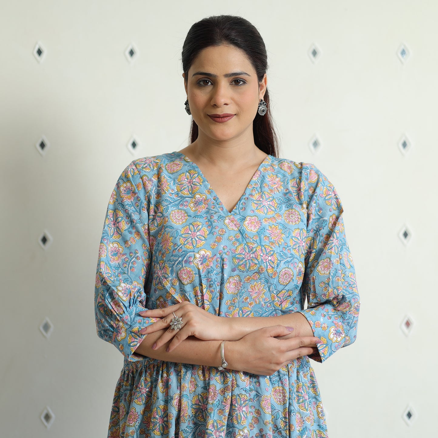 Sanganeri Block Printed Cotton Angrakha Flared Dress Online at iTokri.com