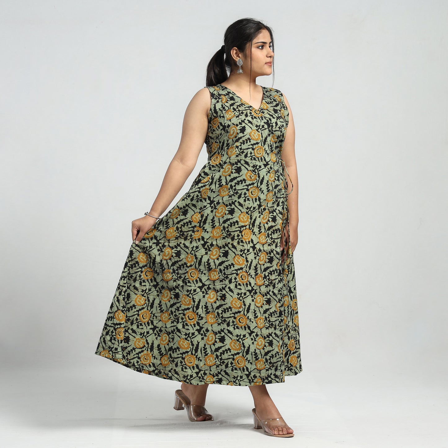 Buy Batik Printed Cotton Angrakha Sleeveless Flared Dress Online at iTokri.com