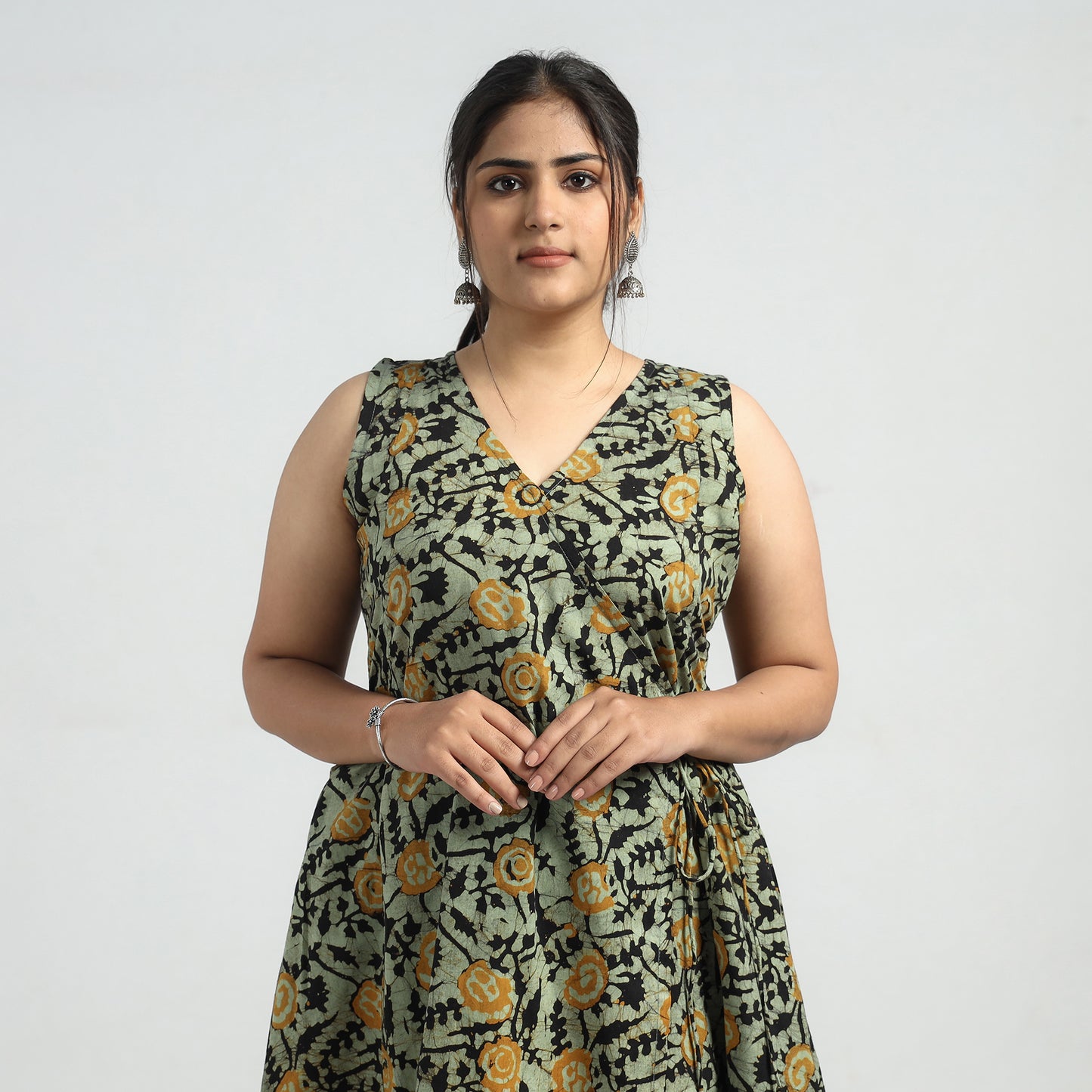 Buy Batik Printed Cotton Angrakha Sleeveless Flared Dress Online at iTokri.com