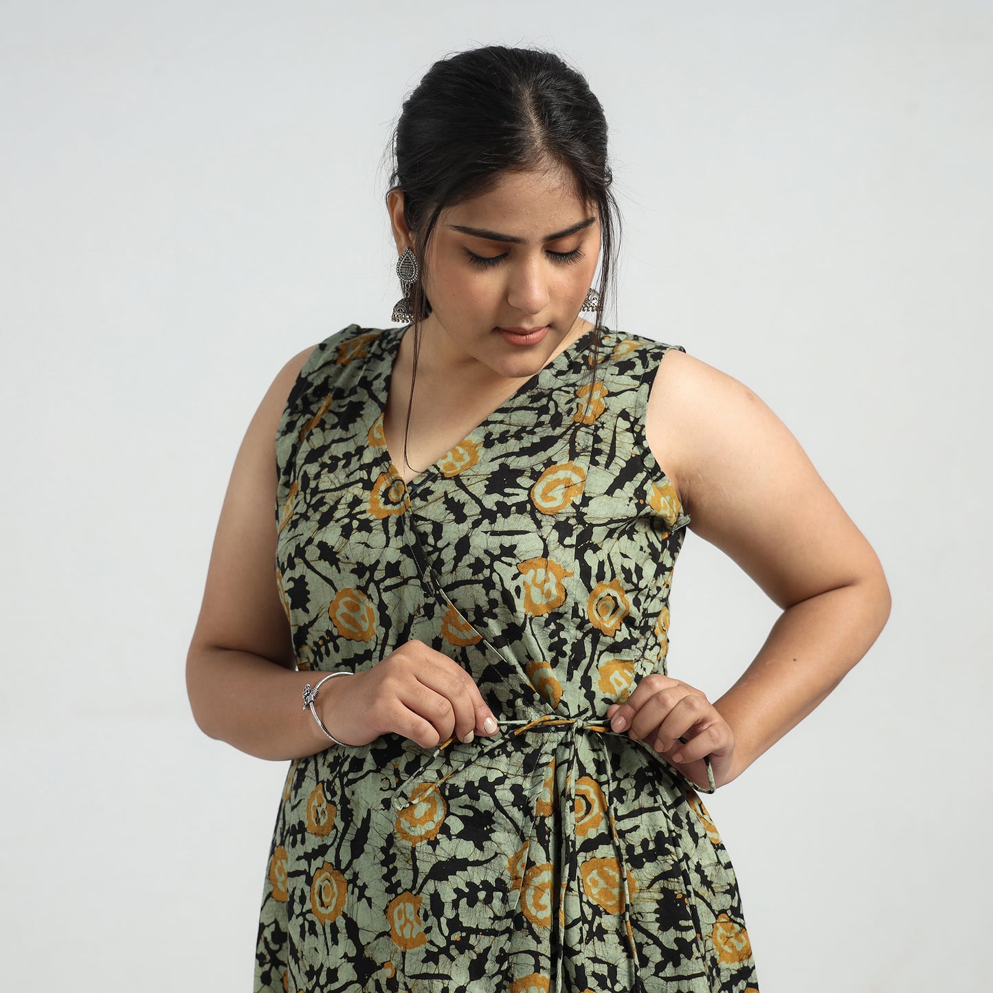 Buy Batik Printed Cotton Angrakha Sleeveless Flared Dress Online at iTokri.com