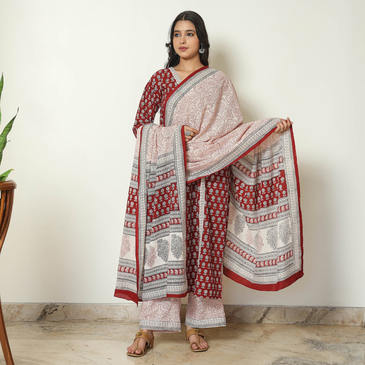 Red - Bagh Block Printed Cotton Kurta with Palazzo & Dupatta Set 04