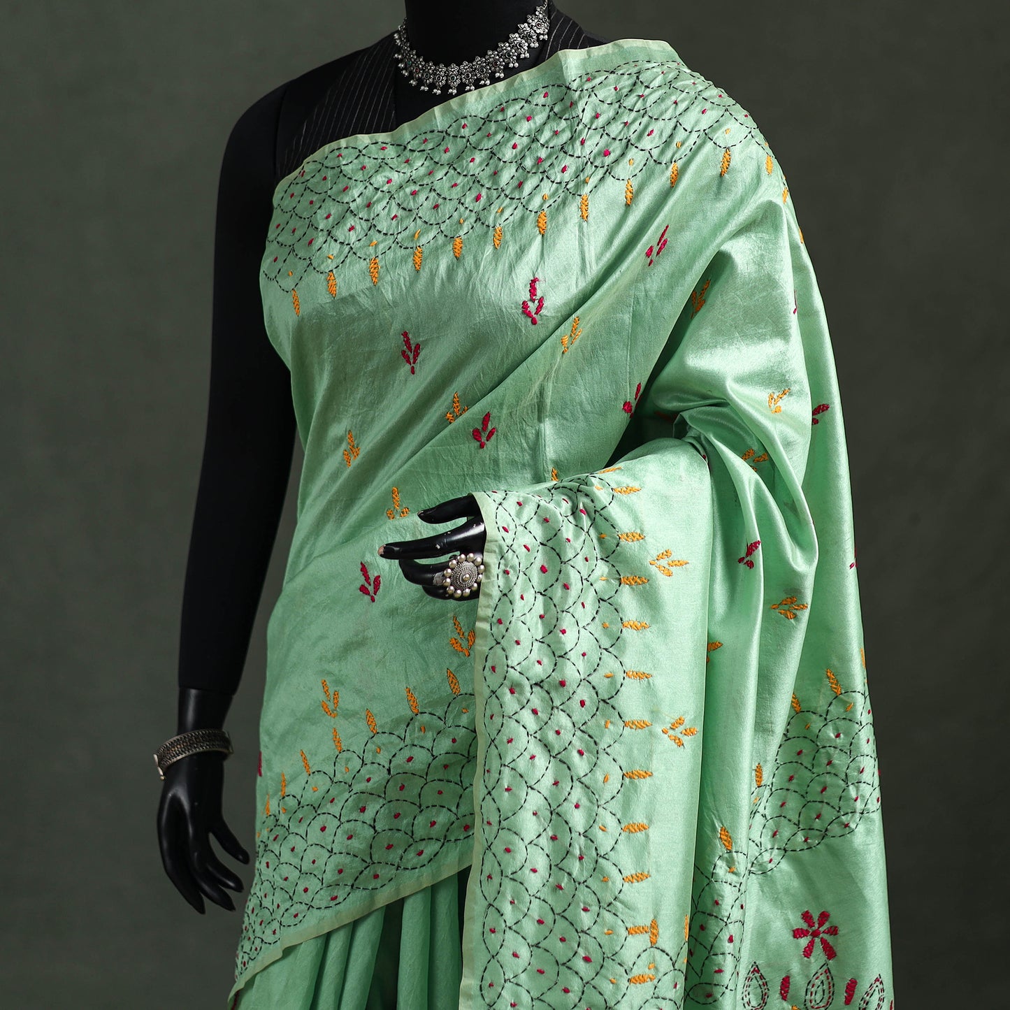 Green - Bengal Nakshi Kantha Hand Embroidered Silk Saree 35