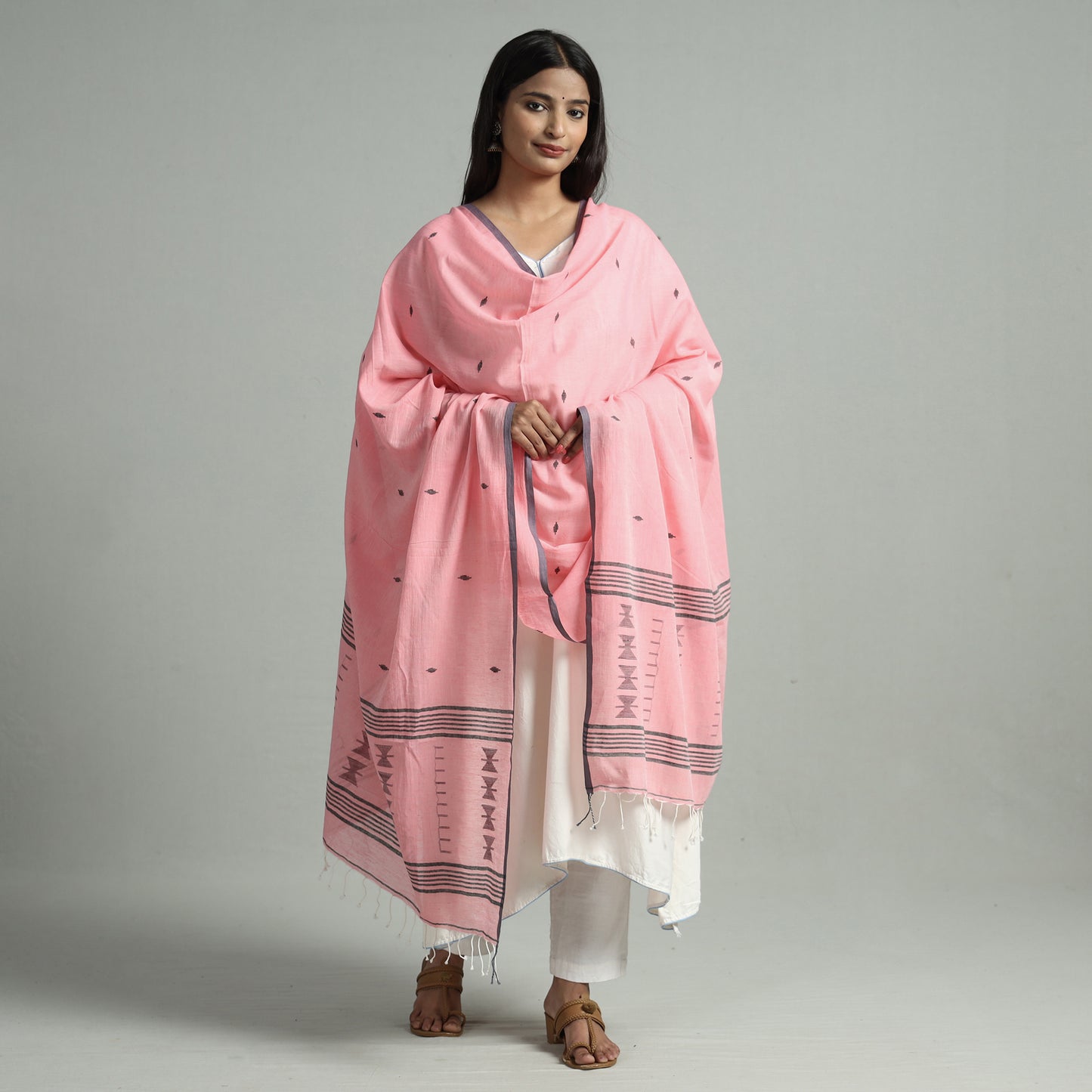 Pink - Burdwan Jamdani Buti Handloom Cotton Dupatta with Tassels 22