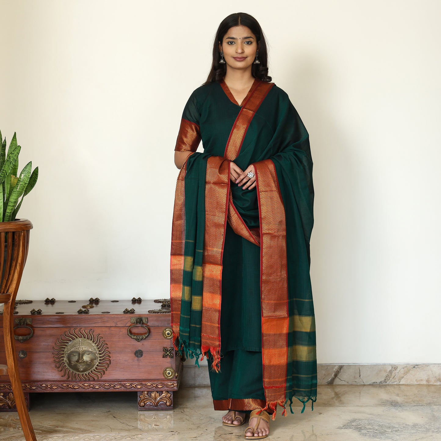 Green - Dharwad Cotton Kurta with Palazzo & Dupatta Set 19
