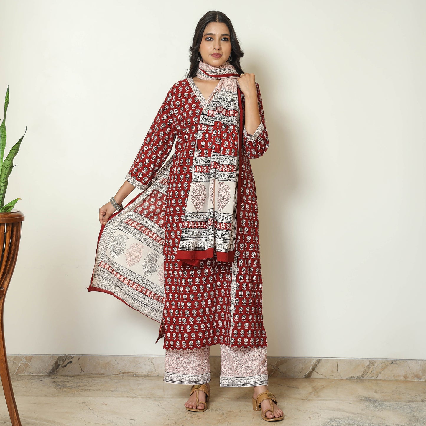 Red - Bagh Block Printed Cotton Kurta with Palazzo & Dupatta Set 04