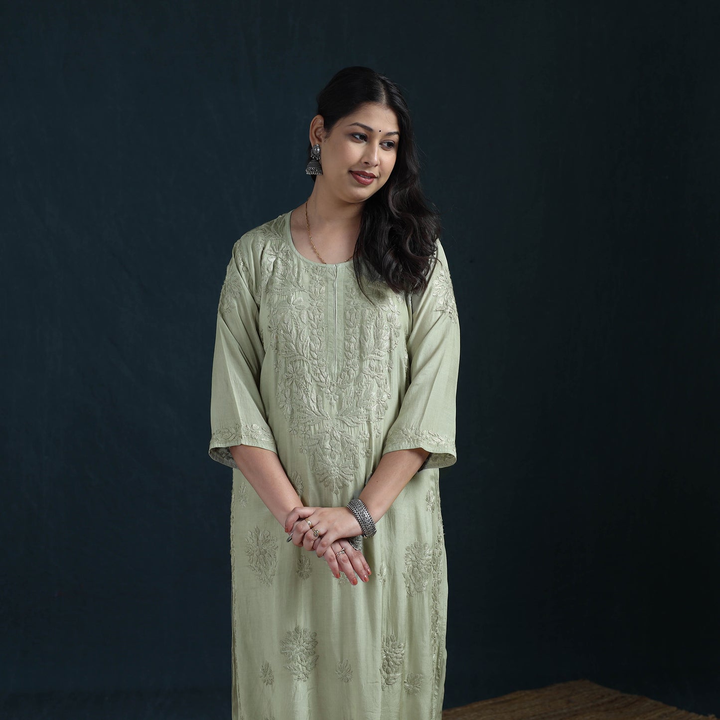 Green - Hand Embroidered Muslin Chikankari Kurta with Pant Set for Women 27