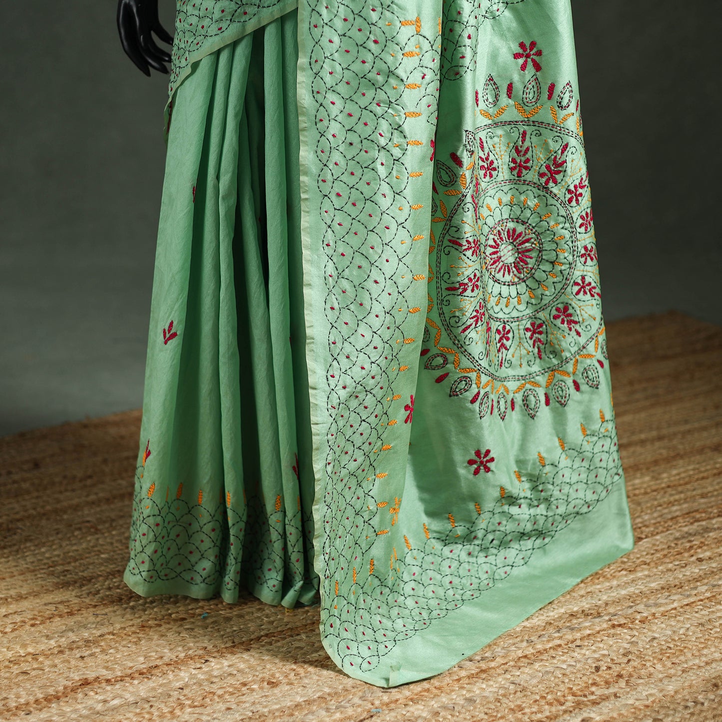 Green - Bengal Nakshi Kantha Hand Embroidered Silk Saree 35