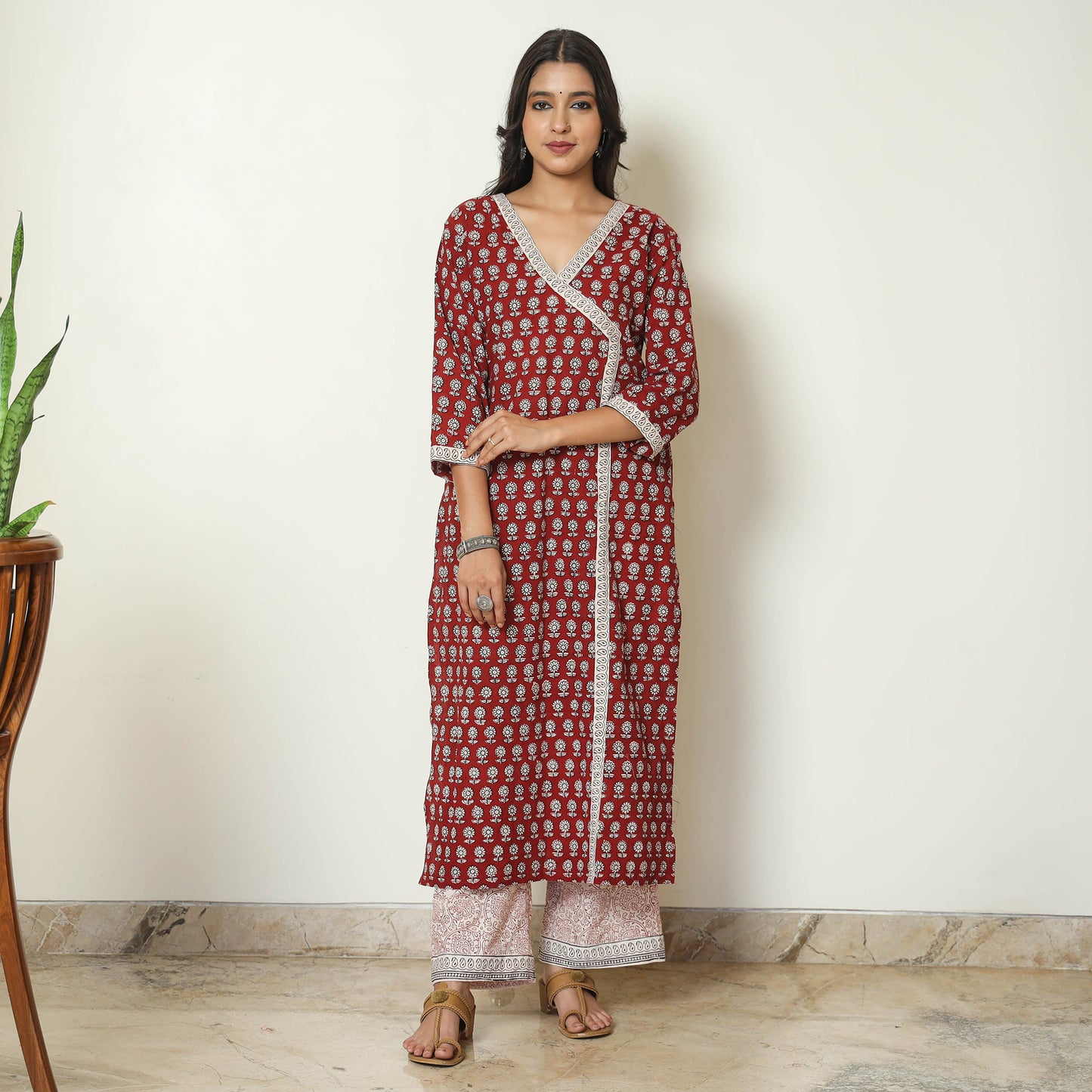 Red - Bagh Block Printed Cotton Kurta with Palazzo & Dupatta Set 04