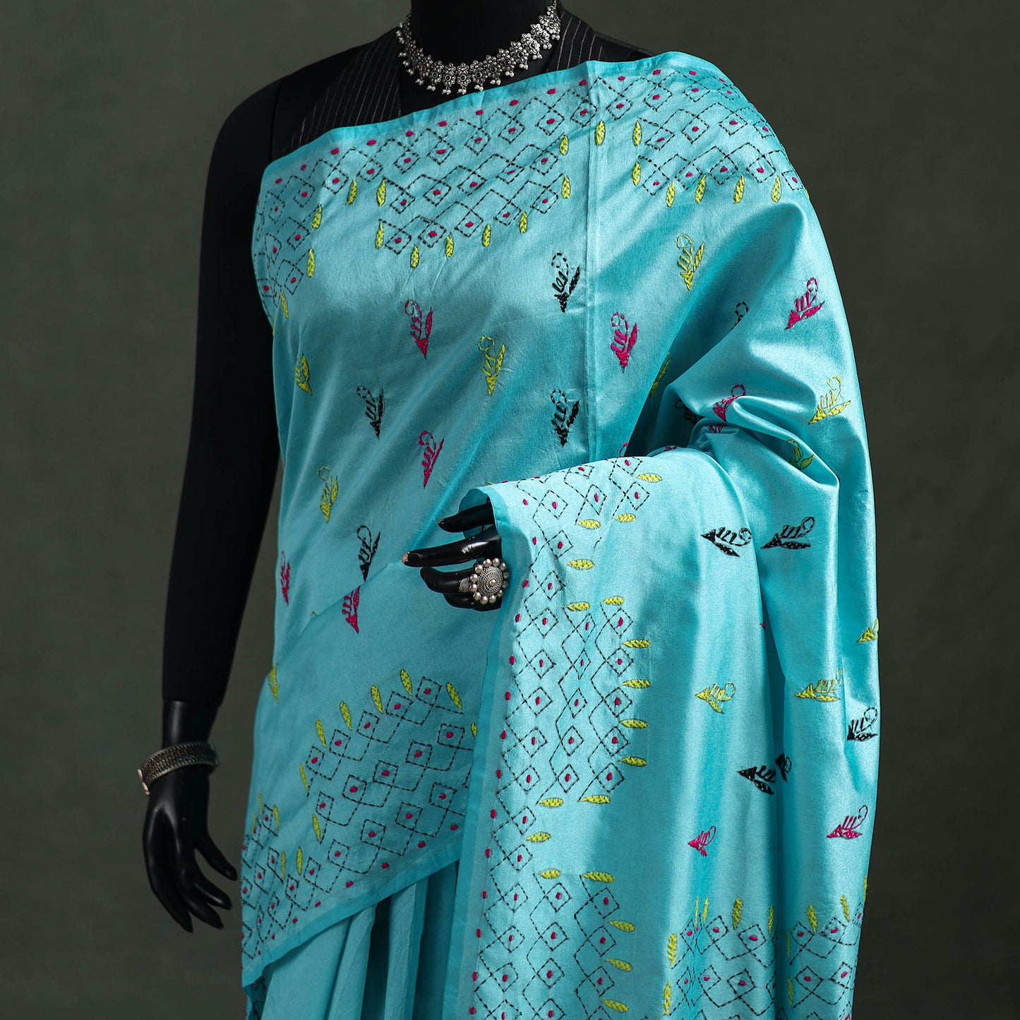 Blue - Bengal Nakshi Kantha Hand Embroidered Silk Saree 36