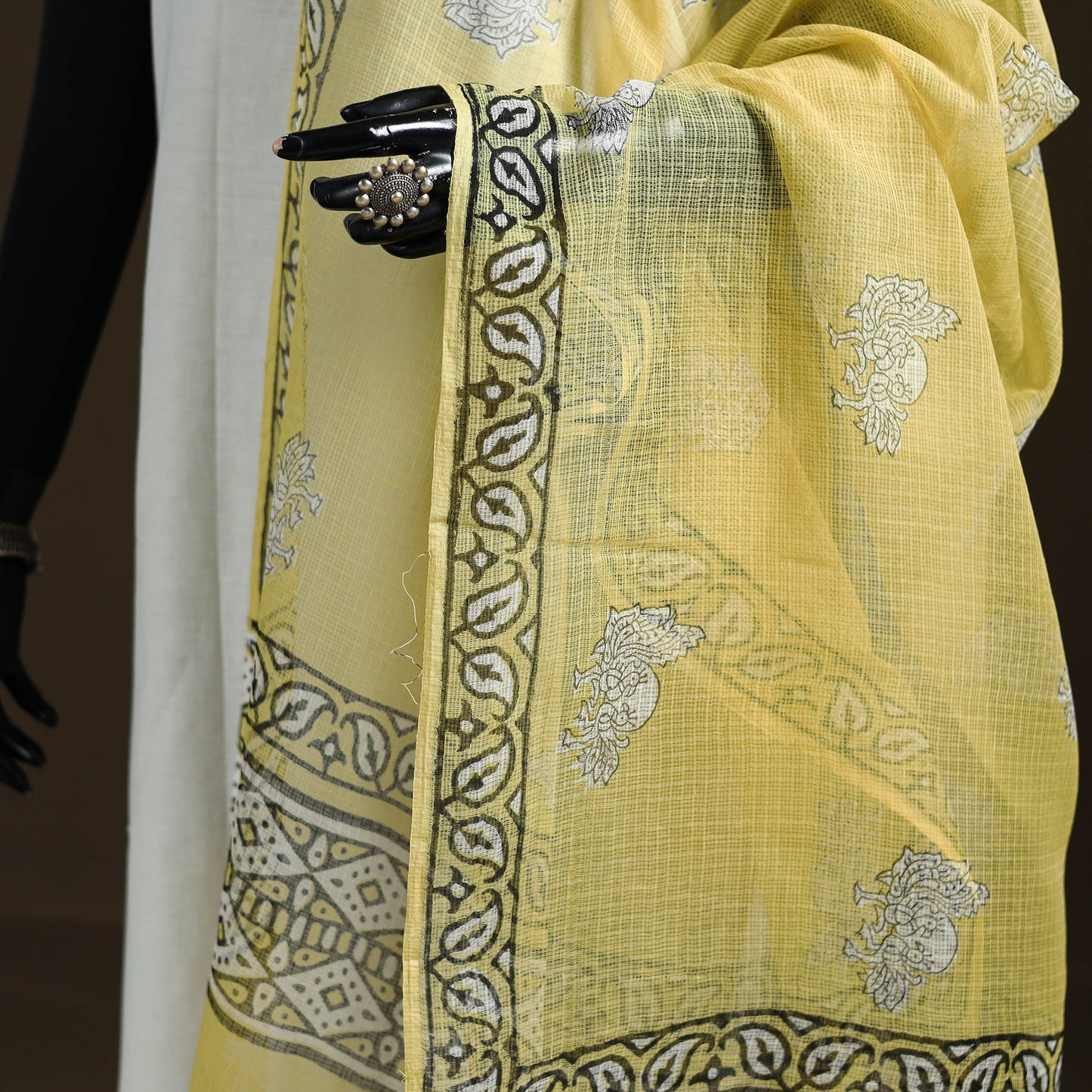 Yellow - Akola Hand Block Print Natural Dyed Kota Doria Cotton Dupatta 24