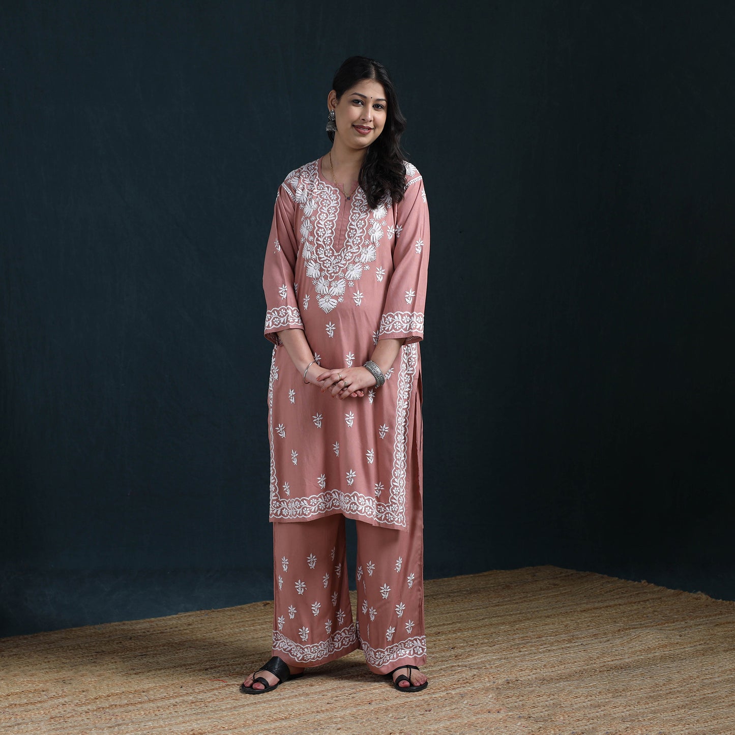 Peach - Hand Embroidered Rayon Chikankari Kurta with Palazzo Set for Women 12