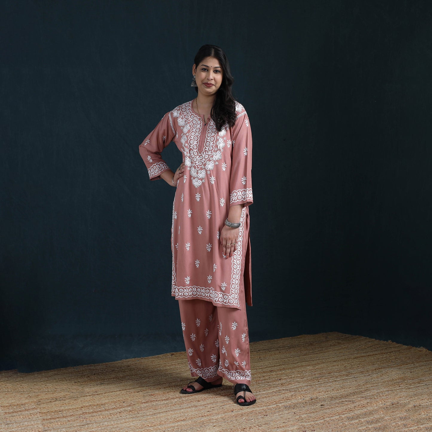 Peach - Hand Embroidered Rayon Chikankari Kurta with Palazzo Set for Women 12