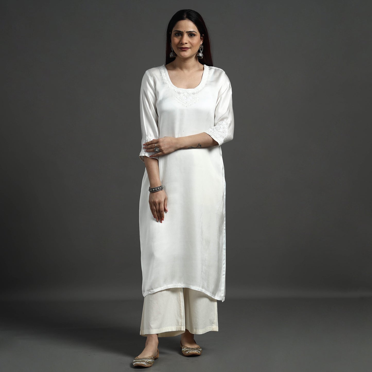 Buy Navy Blue Modal Silk Hand Embroidered Long Kurta l iTokri.com