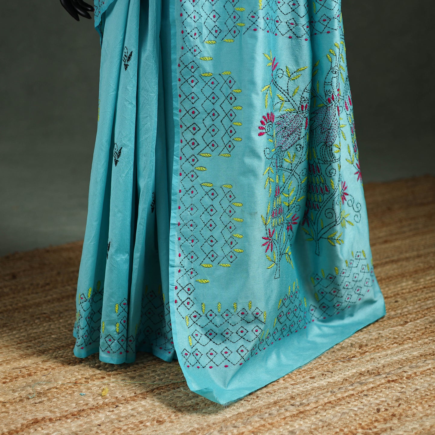 Blue - Bengal Nakshi Kantha Hand Embroidered Silk Saree 36