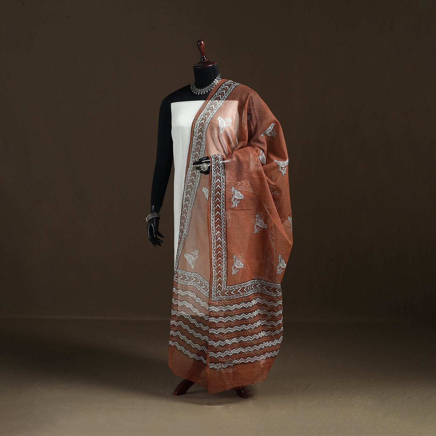Brown - Akola Hand Block Print Natural Dyed Kota Doria Cotton Dupatta 25