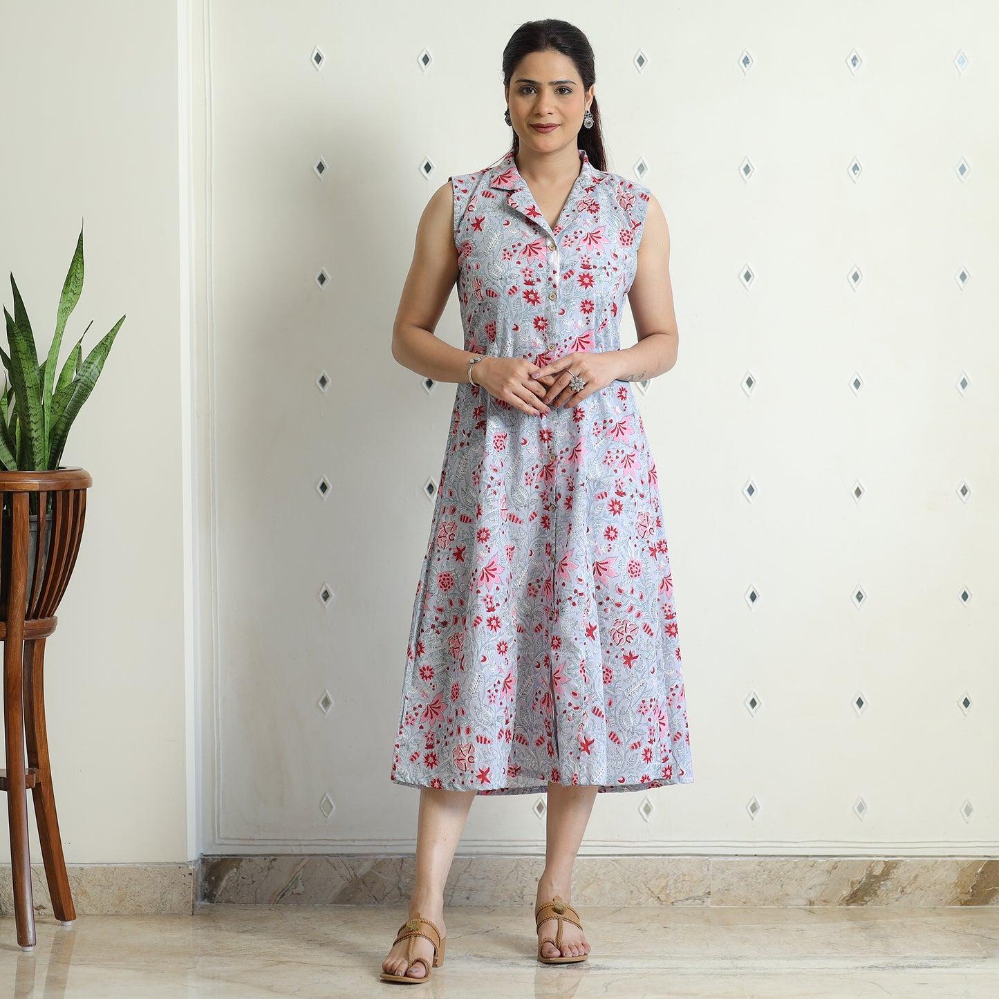 Buy Sanganeri Block Printed Cotton Collared Neck Buttoned Down Dress Online at iTokri.com