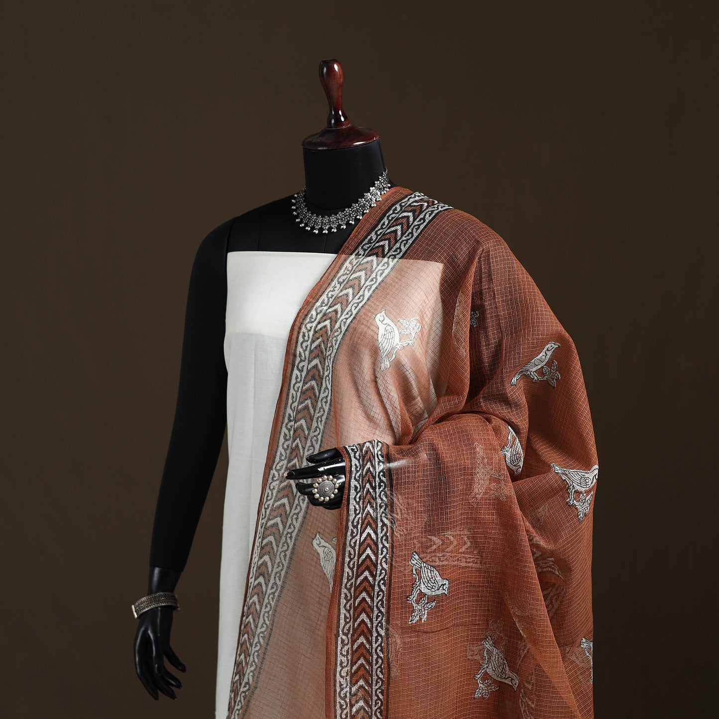 Brown - Akola Hand Block Print Natural Dyed Kota Doria Cotton Dupatta 25