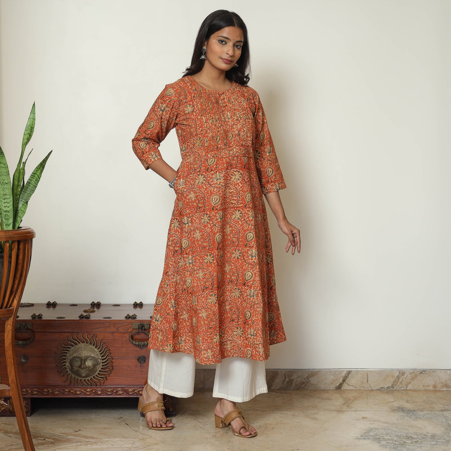 Orange - Pedana Kalamkari Hand Block Printed Cotton Pintuck A-Line Kurta 53