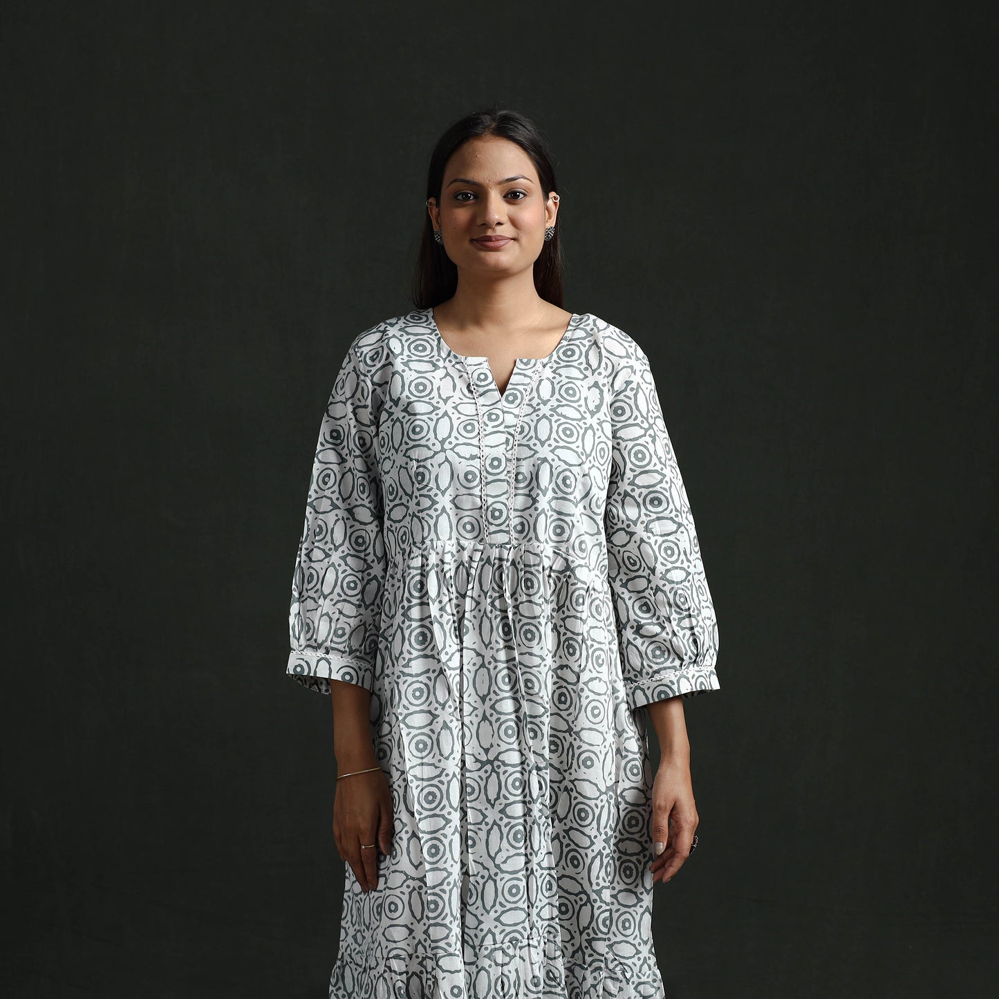 Tiered Flared Lace Work Cotton Hand Block Batik Print Dress 12