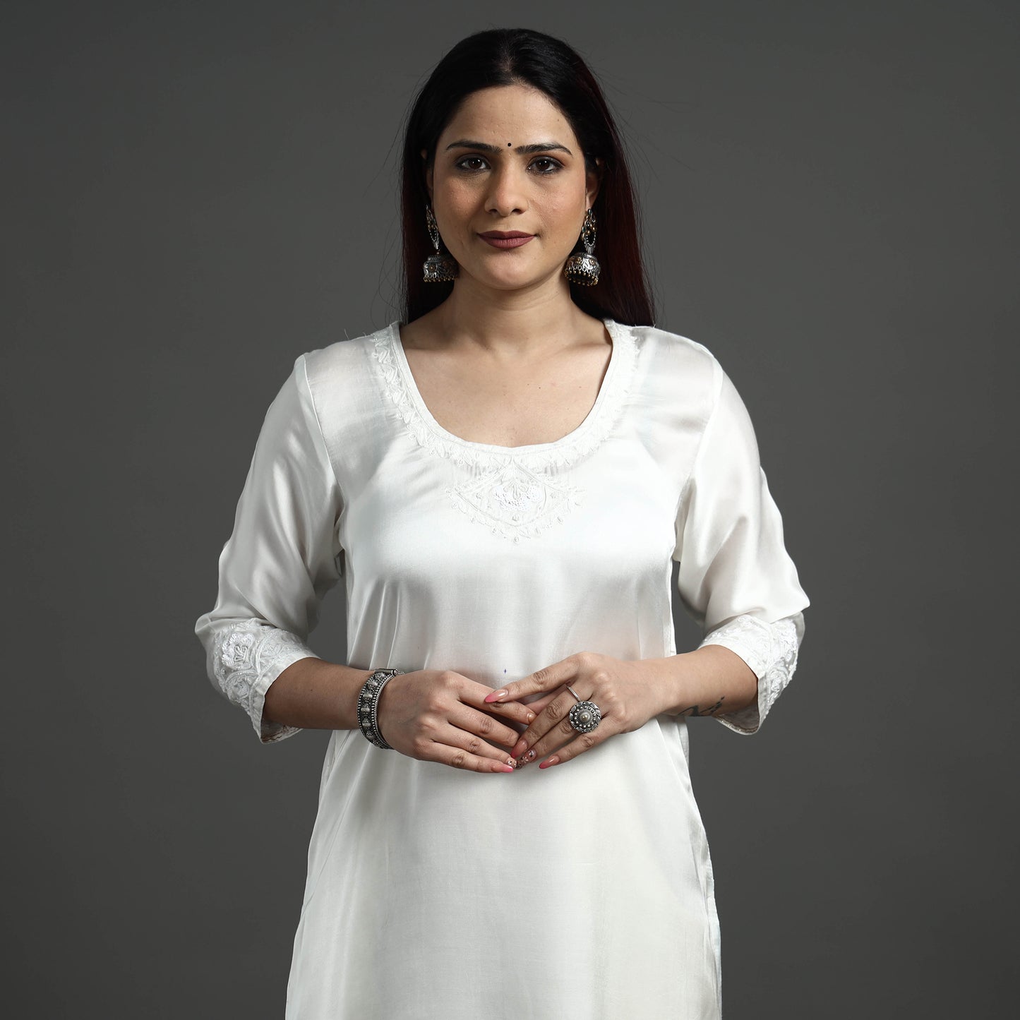 Buy Navy Blue Modal Silk Hand Embroidered Long Kurta l iTokri.com