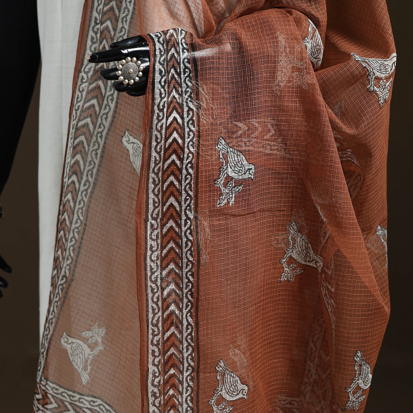 Brown - Akola Hand Block Print Natural Dyed Kota Doria Cotton Dupatta 25