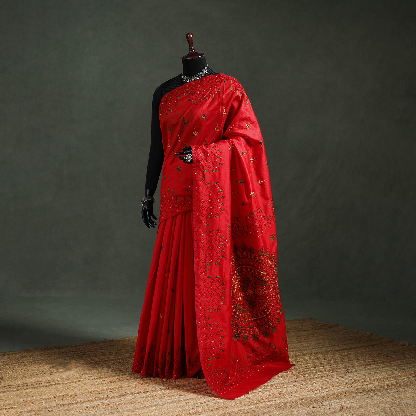 Red - Bengal Nakshi Kantha Hand Embroidered Silk Saree 37