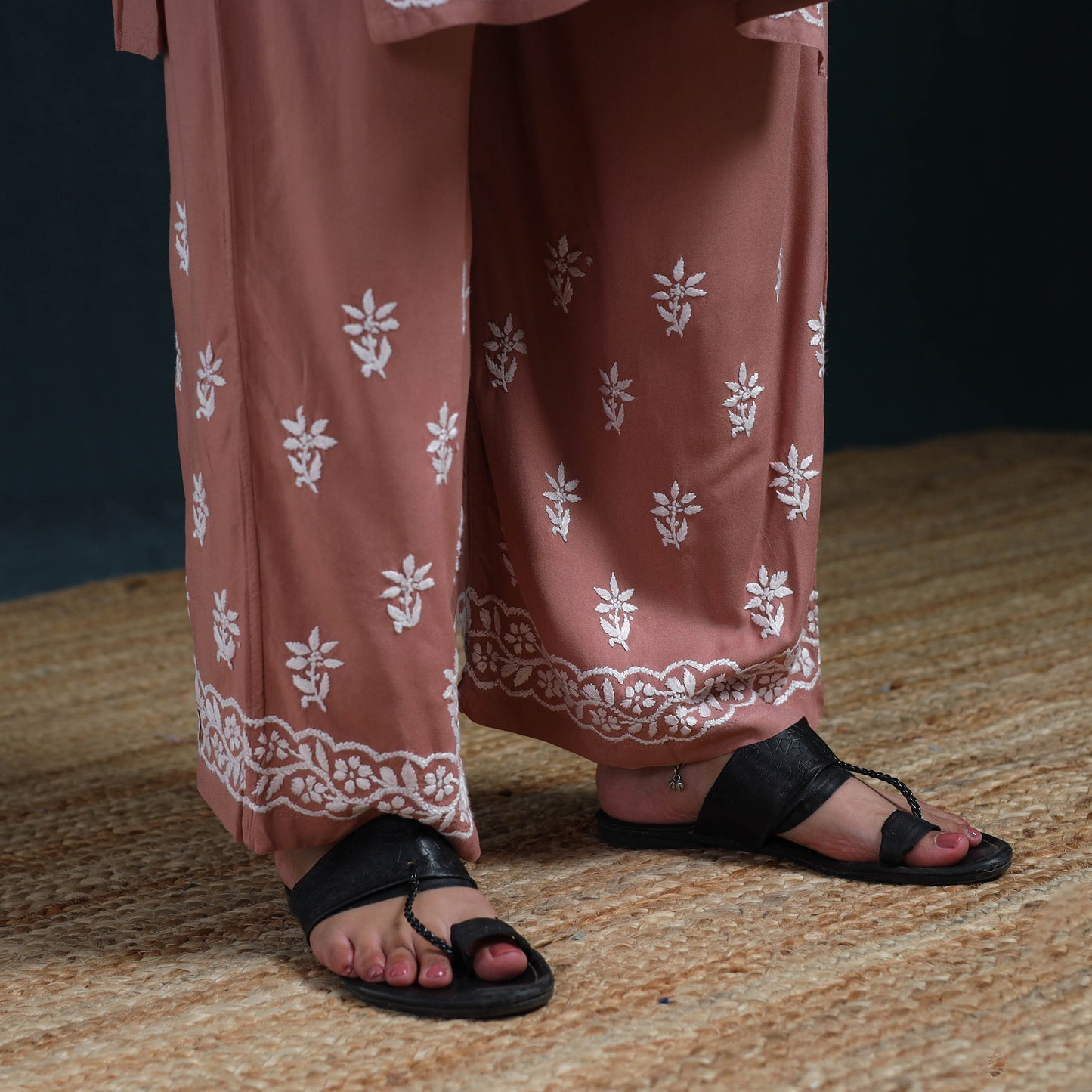 Peach - Hand Embroidered Rayon Chikankari Kurta with Palazzo Set for Women 12