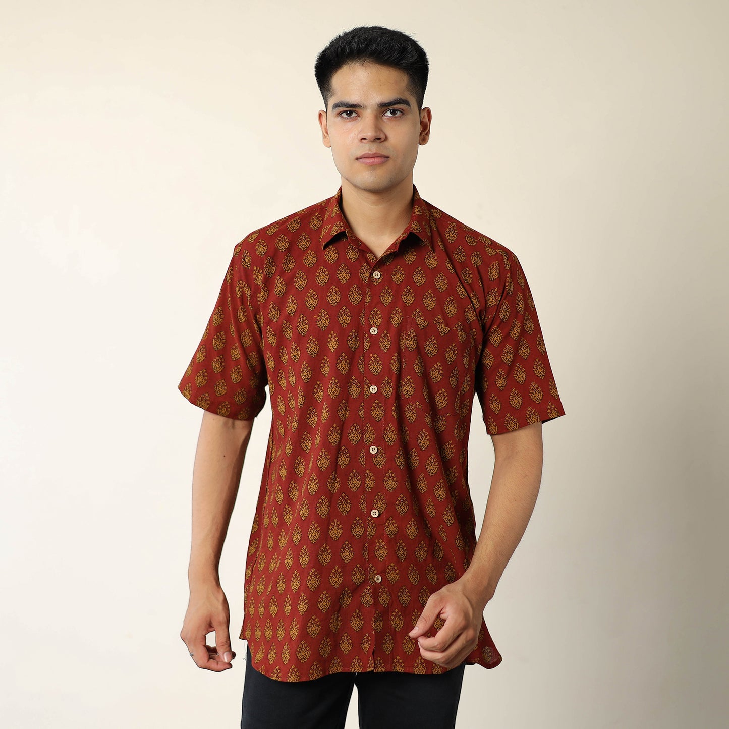 Red - Bagh Hand Block Printed Cotton Men Half Sleeve Shirt 11