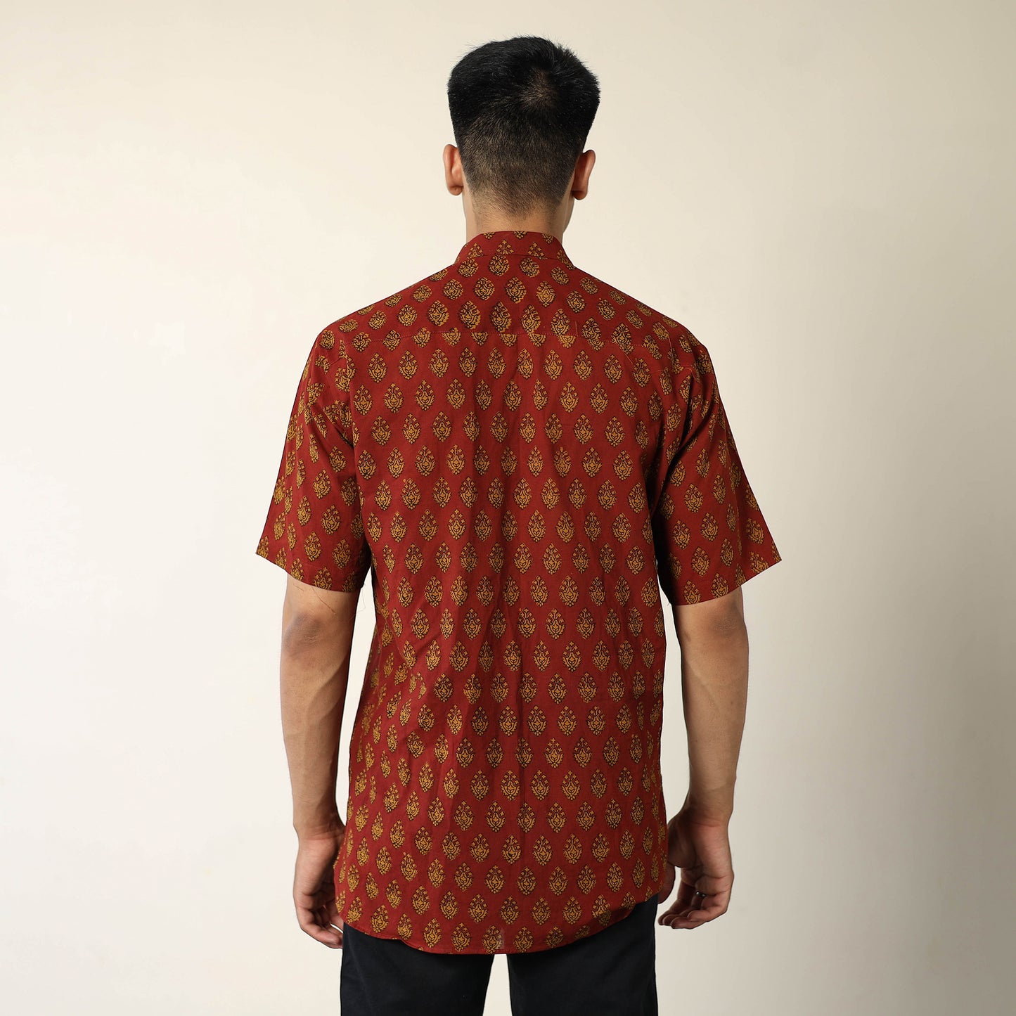 Red - Bagh Hand Block Printed Cotton Men Half Sleeve Shirt 11