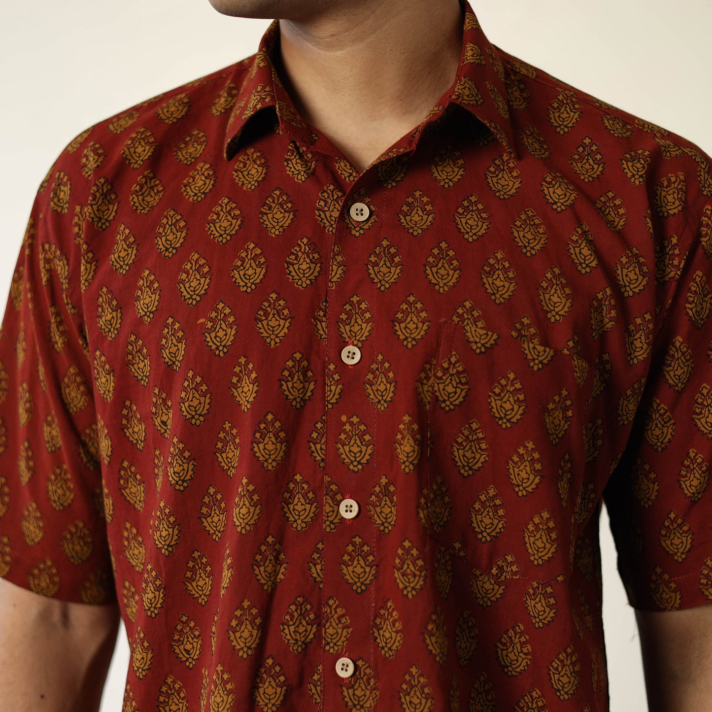 Red - Bagh Hand Block Printed Cotton Men Half Sleeve Shirt 11