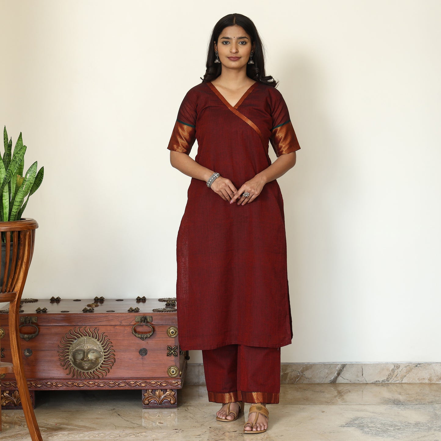 Buy Cotton Maroon Dharwad Kurta Set with Palazzo & Dupatta