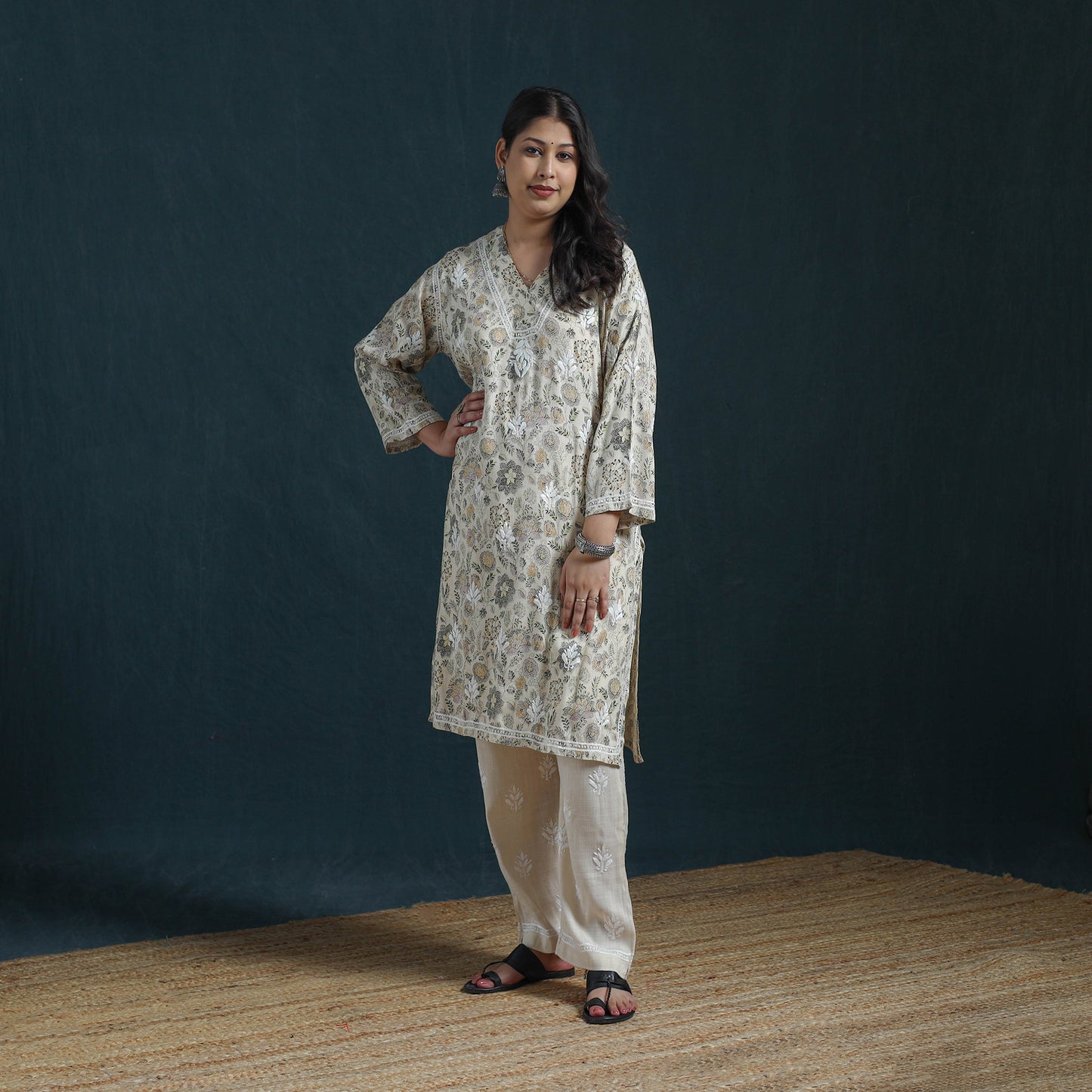White - Hand Embroidered Printed Cotton Chikankari Kurta with Pant Set for Women 28