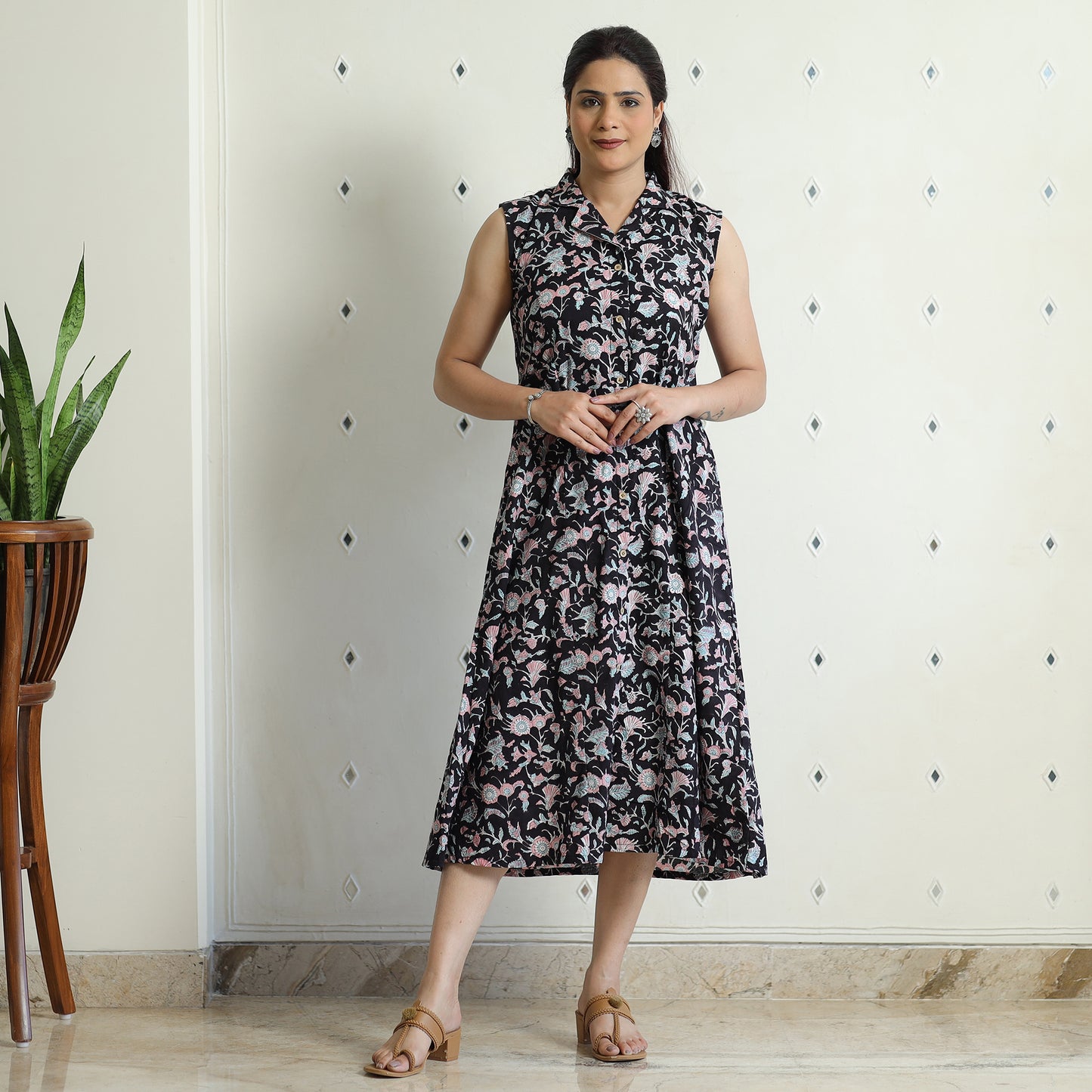 Sanganeri Block Printed Cotton Collared Neck Buttoned Down Dress